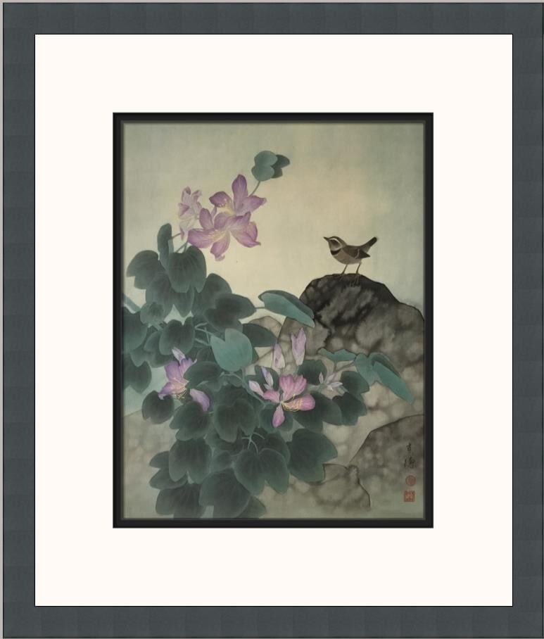 Jia Kede Morning Breeze and Dew Custom Framed Art Print: Jia Kede Morning Breeze and Dew Custom Framed Art Print This exquisite artwork titled "Morning Breeze and Dew" by artist Jia Kede captures the beauty of birds and flowers in a realistic style. Produce