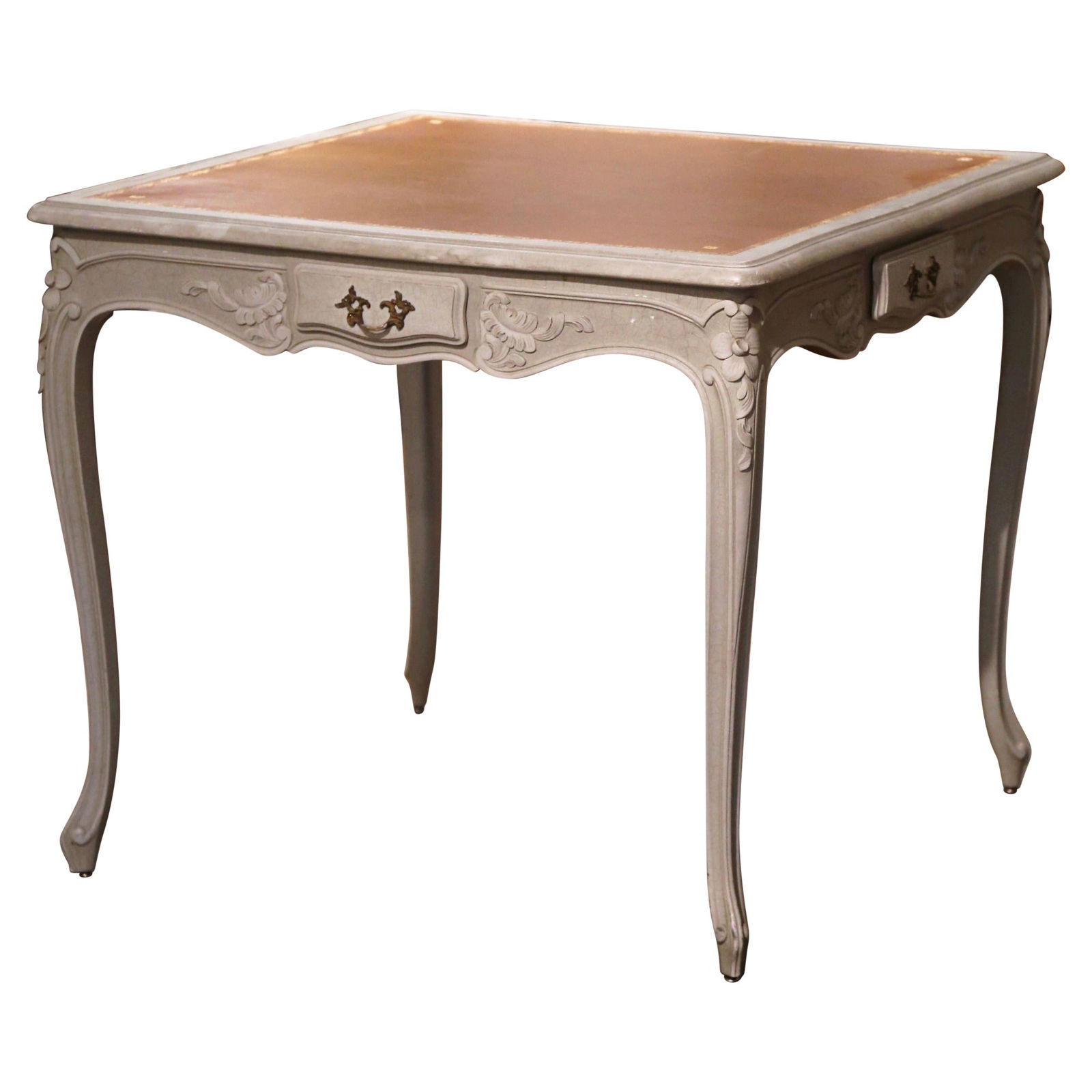 French Louis XV Style Painted Game Table with Tooled Leather Playing Surface: French Louis XV Style Painted Game Table with Tooled Leather Playing Surface This mid-20th century French card table features a classic Louis XV style with a square form and slender cabriole legs, eac