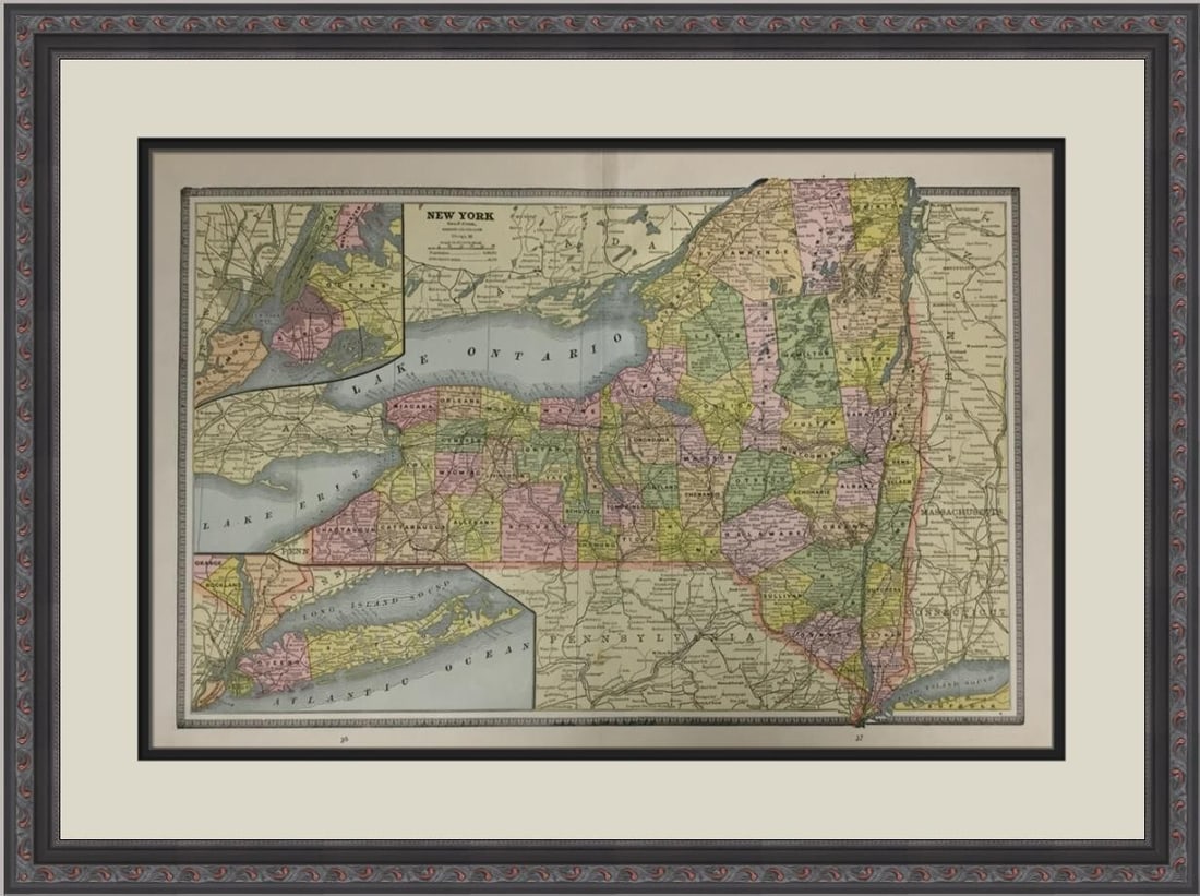 Antique 1895 New York Map Custom Framed Museum Quality by George Cram: Antique 1895 New York Map Custom Framed Museum Quality by George Cram Discover a stunning antique map of New York, dating back to 1895. This original folding map, crafted using the lithography printin