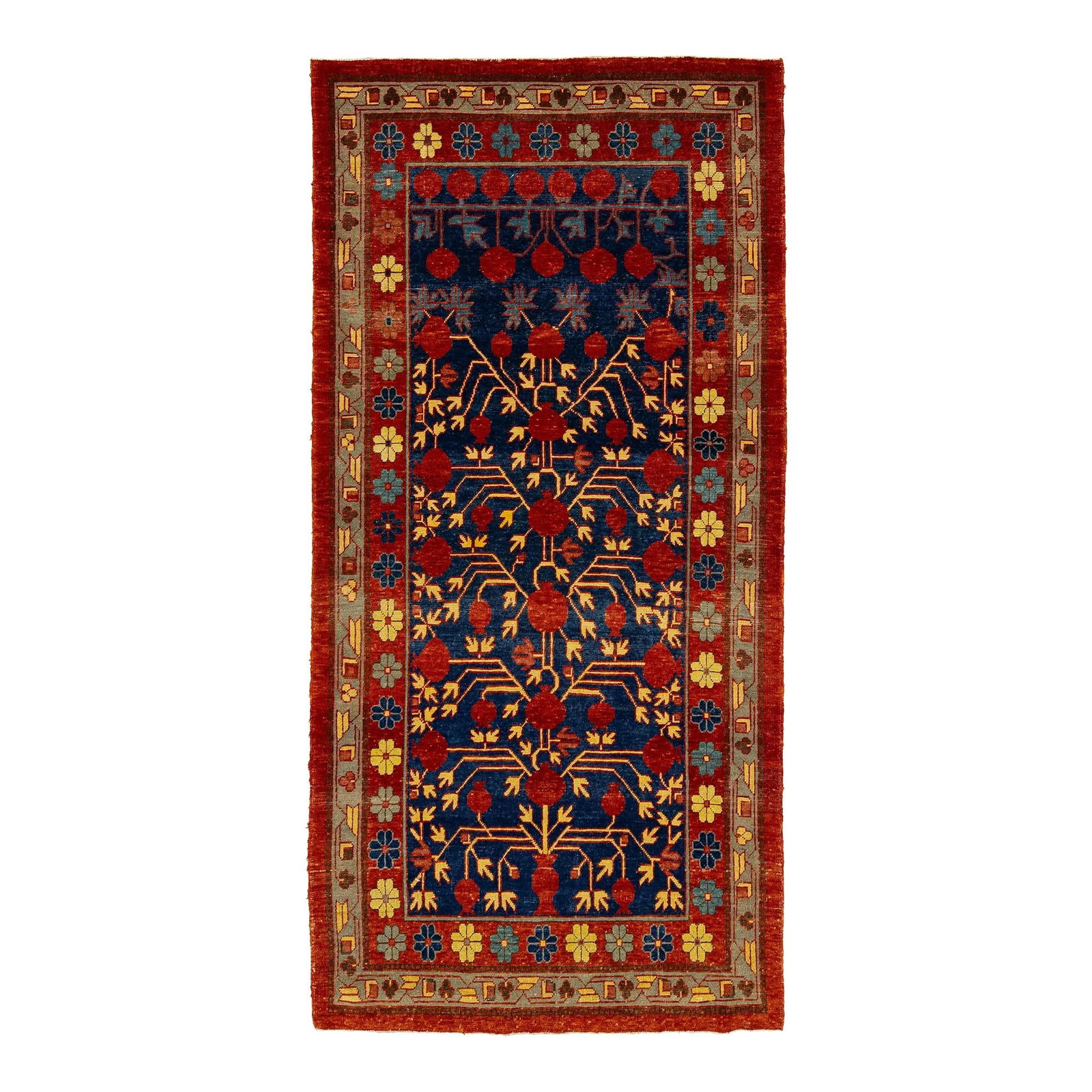 Modern Khotan Handmade Wool Rug Navy Blue Pomegranate Design 3'8 x 7'9: Modern Khotan Handmade Wool Rug Navy Blue Pomegranate Design 3'8 x 7'9 Enhance your space with this exquisite modern Khotan handmade wool rug, featuring a stunning navy blue color field. The rug showc