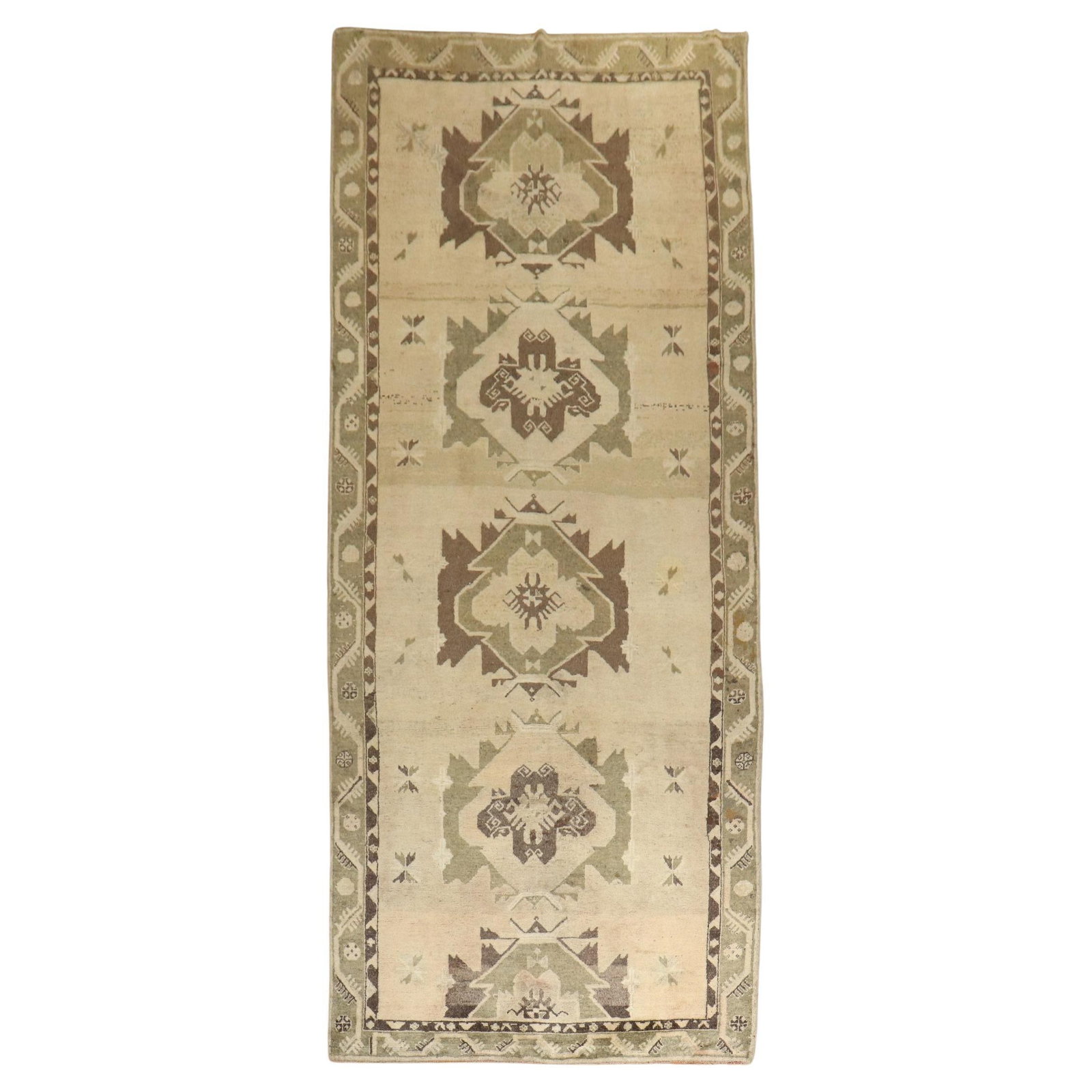 Mid-Century Vintage Turkish Oushak Hand-Knotted Wool Rug 58 x 153: Mid-Century Vintage Turkish Oushak Hand-Knotted Wool Rug 58 x 153 Explore this exquisite Vintage Turkish Oushak Gallery Size Rug, a stunning piece that enhances any space with its unique charm. This m