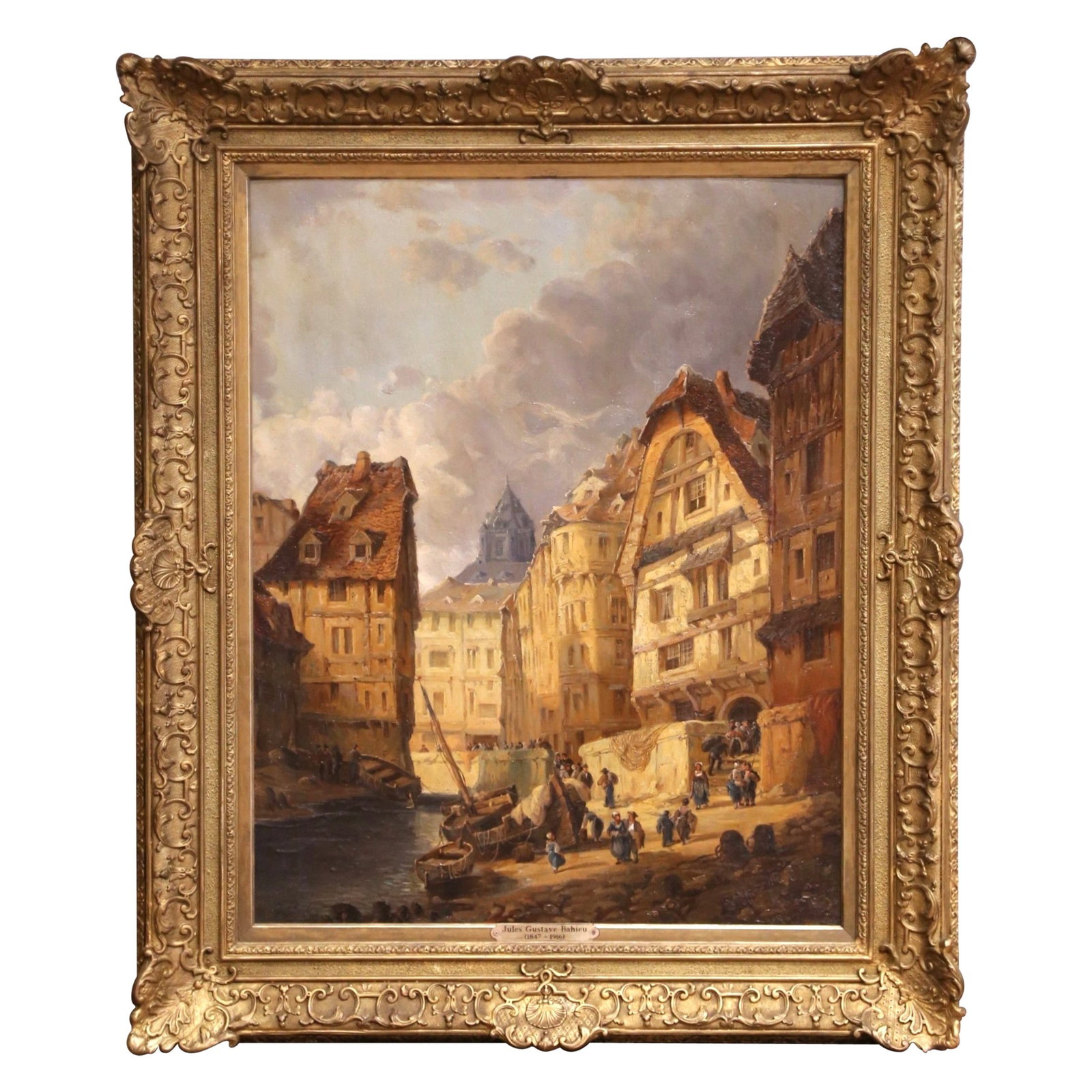 19th Century Oil on Canvas Harbor Scene by Jules Bahieu: 19th Century Oil on Canvas Harbor Scene by Jules Bahieu Immerse yourself in the vibrant life of a 19th-century European port with this exquisite oil on canvas painting by Jules Gustave Bahieu, signed