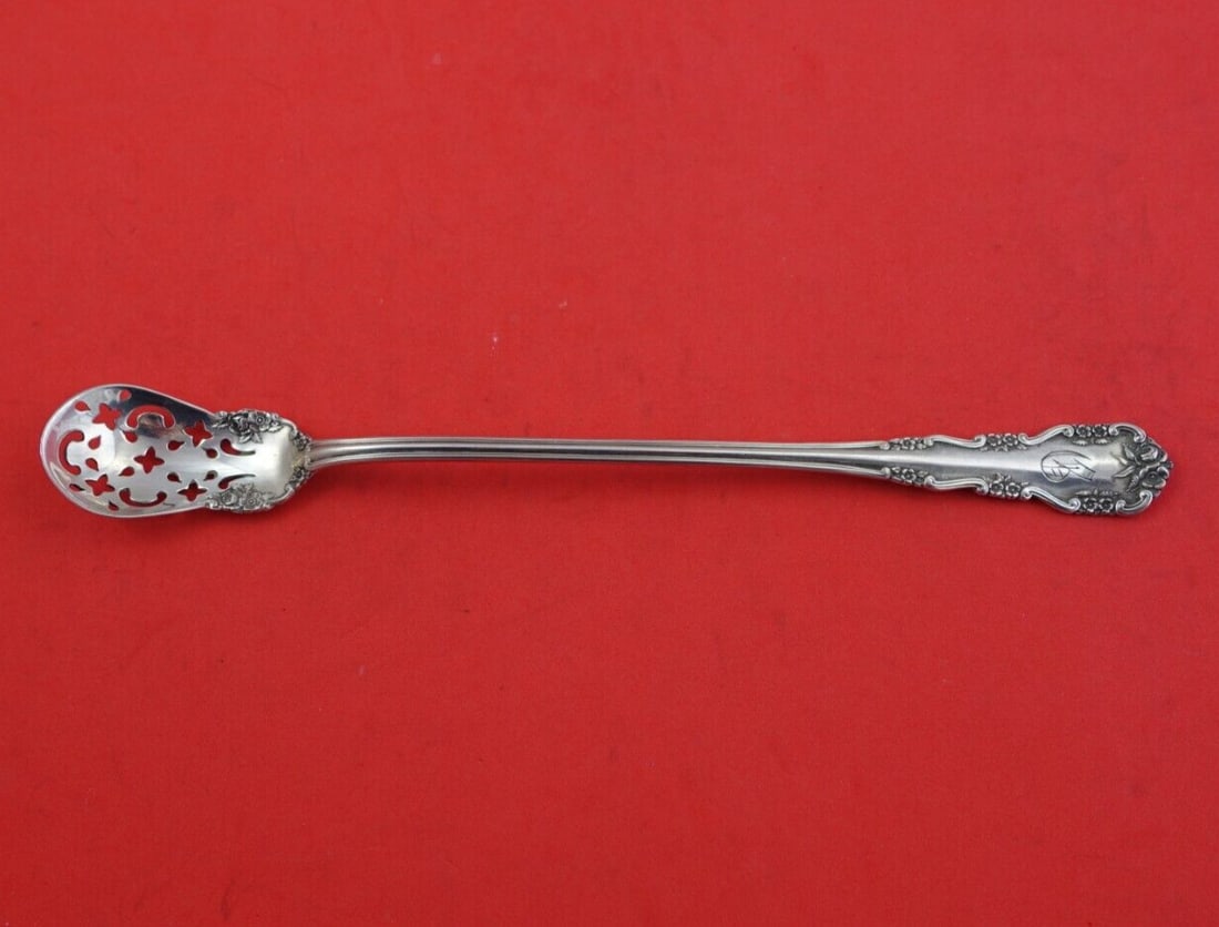 International Sterling Silver Olive Spoon Wild Rose Old 8 3/8" Monogrammed: International Sterling Silver Olive Spoon Wild Rose Old 8 3/8" Monogrammed This exquisite serving spoon is a fine example of the Wild Rose Old pattern, also known as Rosalind Old, crafted by Internati