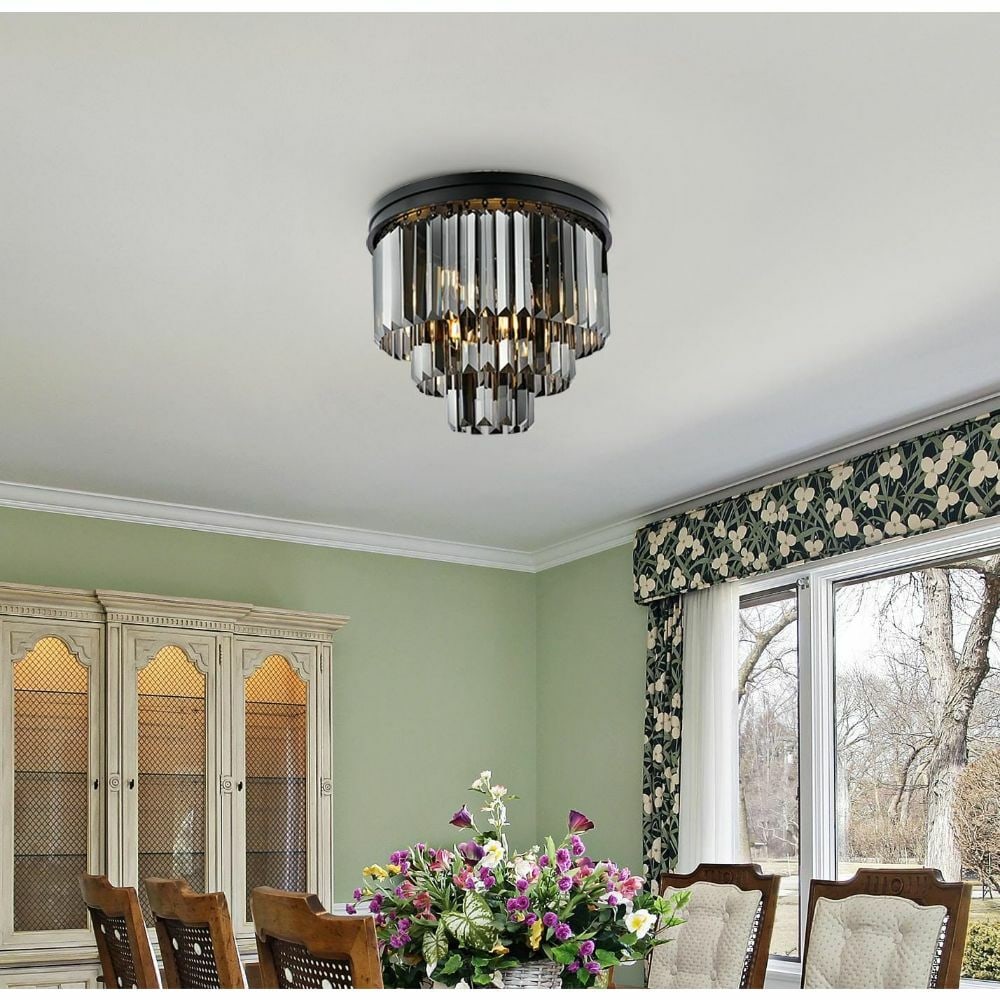 Sydney 9 Light Flush Mount Chandelier Matte Black With Crystal Accents 20 Inch: Sydney 9 Light Flush Mount Chandelier Matte Black With Crystal Accents 20 Inch This modern flush mount chandelier features a matte black frame and high-quality silver shade royal cut crystals, creatin