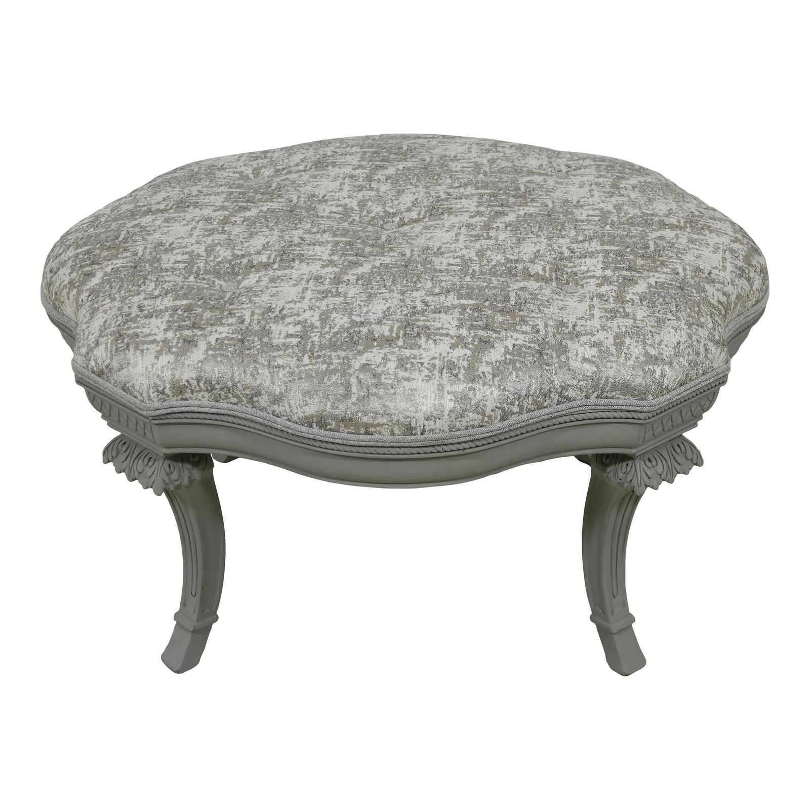 Shabby Chic Tufted Ottoman with Gray Chalk Paint Finish: Shabby Chic Tufted Ottoman with Gray Chalk Paint Finish This beautifully upholstered tufted seat ottoman features a charming shabby chic design, perfect for enhancing your living space. It showcases a