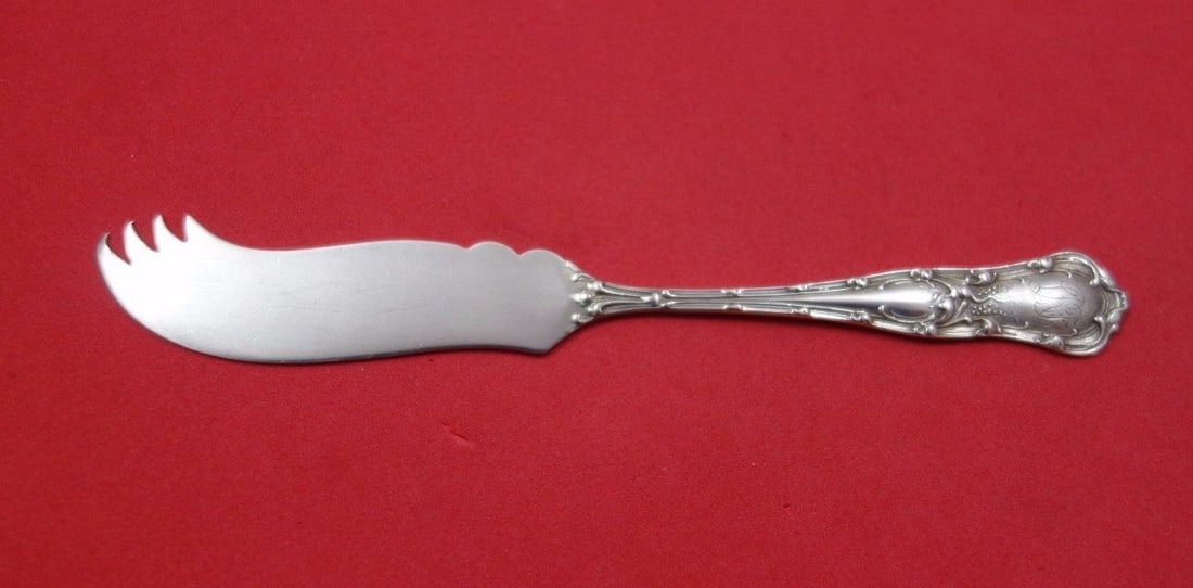 Gothic Sterling Silver Cheese Knife by Shiebler 5 5/8" with Pick: Gothic Sterling Silver Cheese Knife by Shiebler 5 5/8" with Pick This exquisite Gothic cheese knife by Shiebler features a sterling silver composition with a flat handle design. Crafted between 1850 a