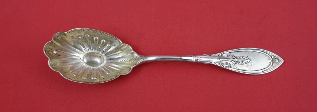 Sterling Silver Preserve Spoon Ruby Pattern by Shiebler Gold Wash Floral 7 Inch: Sterling Silver Preserve Spoon Ruby Pattern by Shiebler Gold Wash Floral 7 Inch This is a Shiebler sterling silver preserve spoon from the Ruby pattern, featuring a brite-cut finish and a light gold w