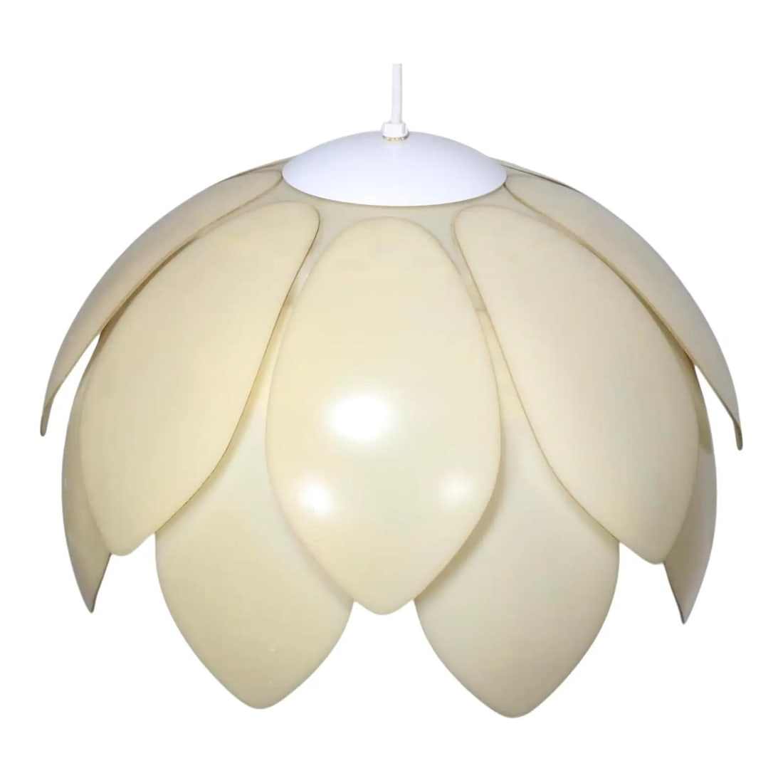 Layered Petal Plastic Dome Pendant Light Midcentury Modern Style: Layered Petal Plastic Dome Pendant Light Midcentury Modern Style This Mod style hanging chandelier features a layered plastic petal design forming a dome-shaped shade. The fixture is off-white and has
