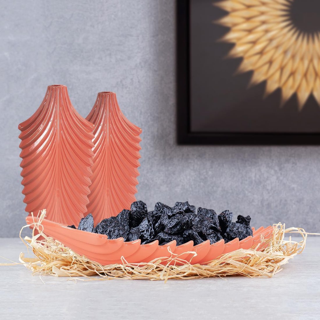 Howard Elliott Glossy Coral Orange Ceramic Vase 18H 8W 4D: Howard Elliott Glossy Coral Orange Ceramic Vase 18H 8W 4D Elevate your home decor with this stunning coral orange vase, designed to add a touch of elegance to any space. This vase features a glossy or