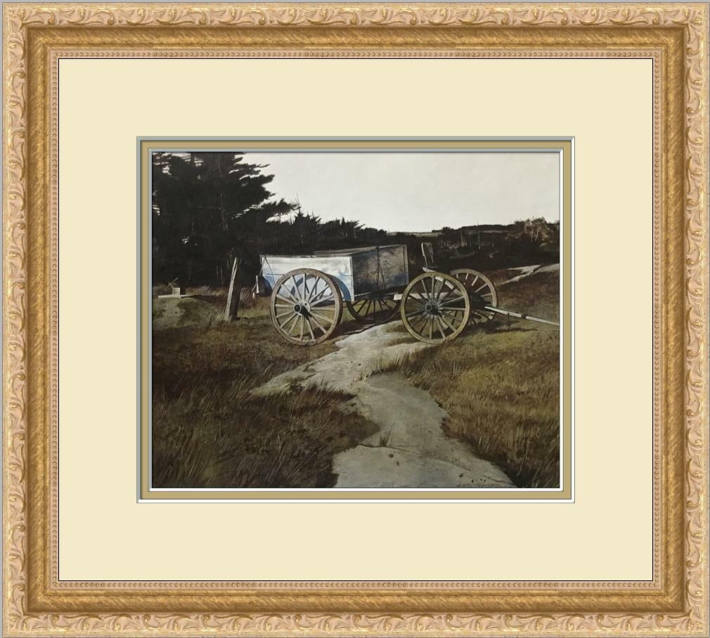 Andrew Wyeth Blue Dump Custom Framed Offset Lithograph Art Print: Andrew Wyeth Blue Dump Custom Framed Offset Lithograph Art Print This beautifully custom framed print titled 'Blue Dump' by Andrew Wyeth captures a serene wagon scene, showcasing Americana figurative