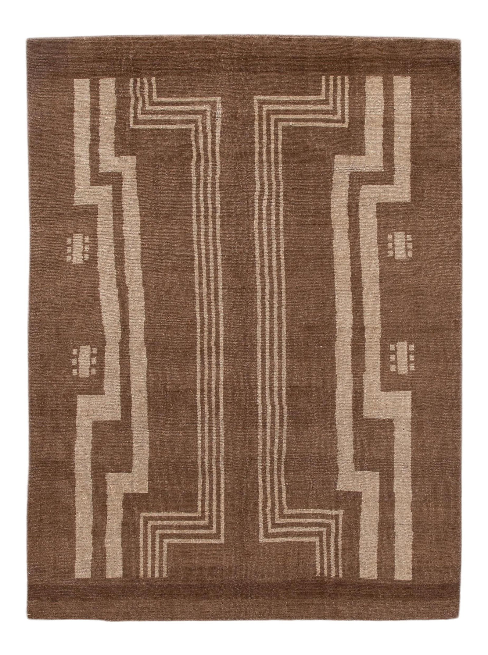 Modern Deco Handmade Geometric Wool Rug Brown Beige 7'1 x 9'6: Modern Deco Handmade Geometric Wool Rug Brown Beige 7'1 x 9'6 Enhance your living space with this exquisite Modern Deco-style handmade wool rug. Featuring a rich brown field and stunning beige accents