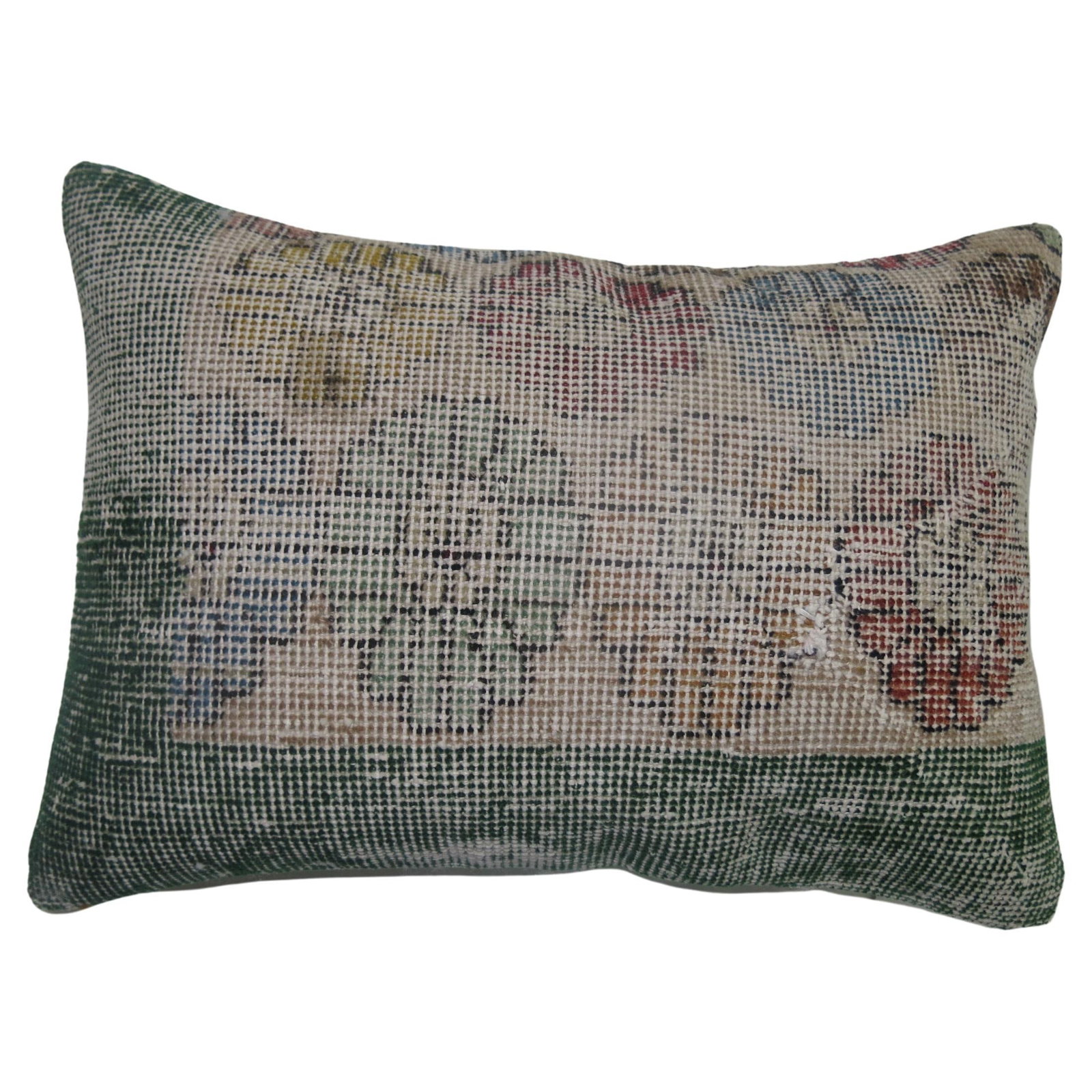 Mid-Century Modern Green Turkish Deco Pillow 14 x 19 Hand-Knotted: Mid-Century Modern Green Turkish Deco Pillow 14 x 19 Hand-Knotted This unique pillow is crafted from a vintage Turkish Deco rug, embodying the charm of Mid-Century Modern design. Measuring 14 inches i