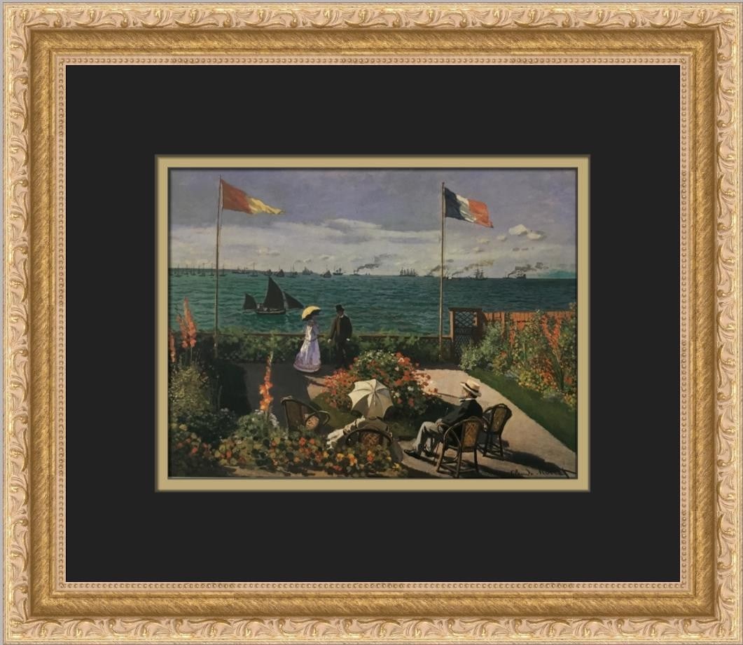 Claude Monet Terrace at Sainte-Adresse Custom Framed Art Print: Claude Monet Terrace at Sainte-Adresse Custom Framed Art Print This beautiful custom framed print features Claude Monet's iconic artwork, "Terrace at Sainte-Adresse." The print is a medium-sized offse