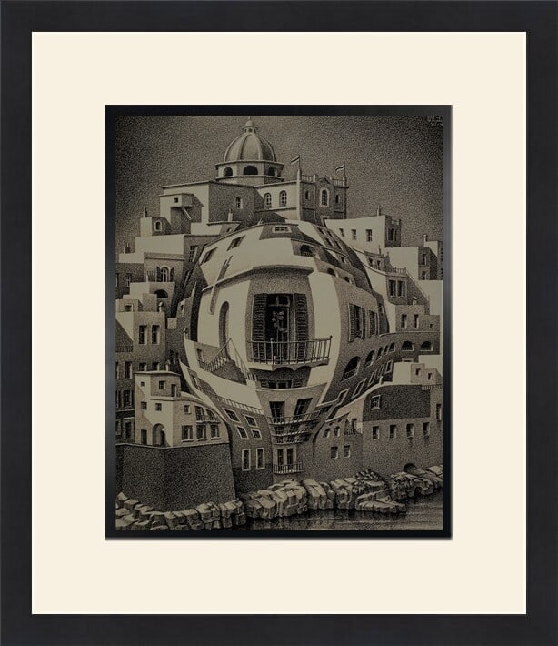 M.C. Escher Balcony Custom Framed Sepia Lithograph Print: M.C. Escher Balcony Custom Framed Sepia Lithograph Print This exquisite print titled "Balcony" by renowned artist M.C. Escher is a stunning representation of landscape art, produced through the lithog