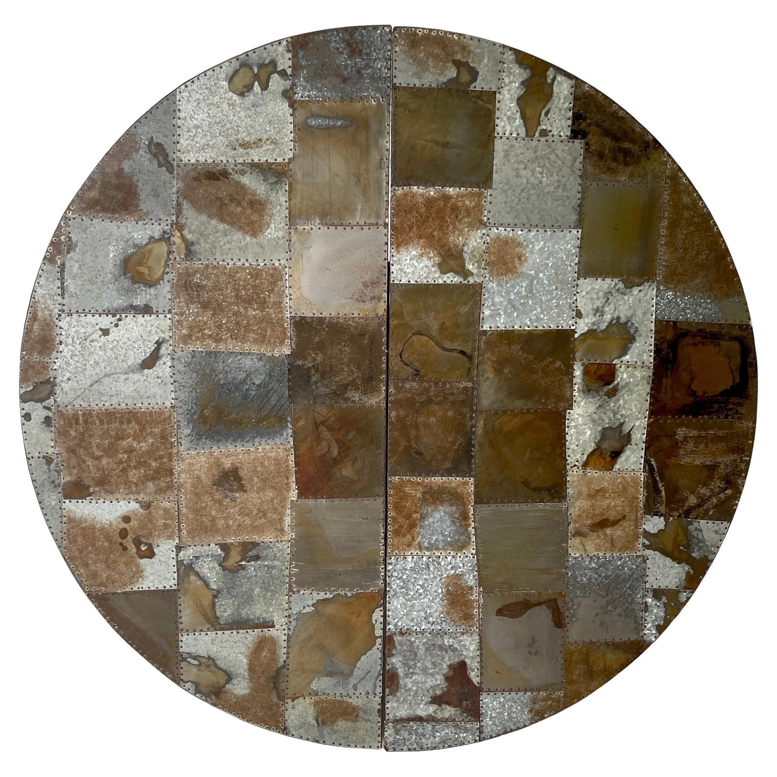 Large Industrial Patinated Metal Hanging Disc Bar with Adjustable Shelves: Large Industrial Patinated Metal Hanging Disc Bar with Adjustable Shelves This striking industrial hanging disc bar features a large-scale patinated metal patchwork mosaic adorned with nail head trim.