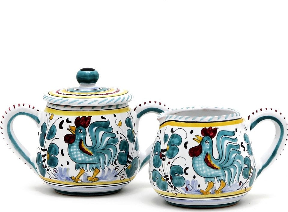 Handmade Orvieto Green Rooster Ceramic Sugar and Creamer Set (1 of 6)