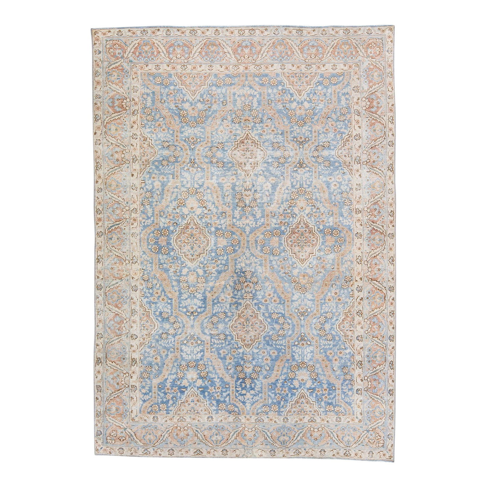 Antique Tabriz Wool Rug Blue Floral Design 6'5 x 9'3: Antique Tabriz Wool Rug Blue Floral Design 6'5 x 9'3 Discover the beauty of this antique Tabriz hand-knotted wool rug, featuring a stunning blue color field adorned with an intricate all-over floral d
