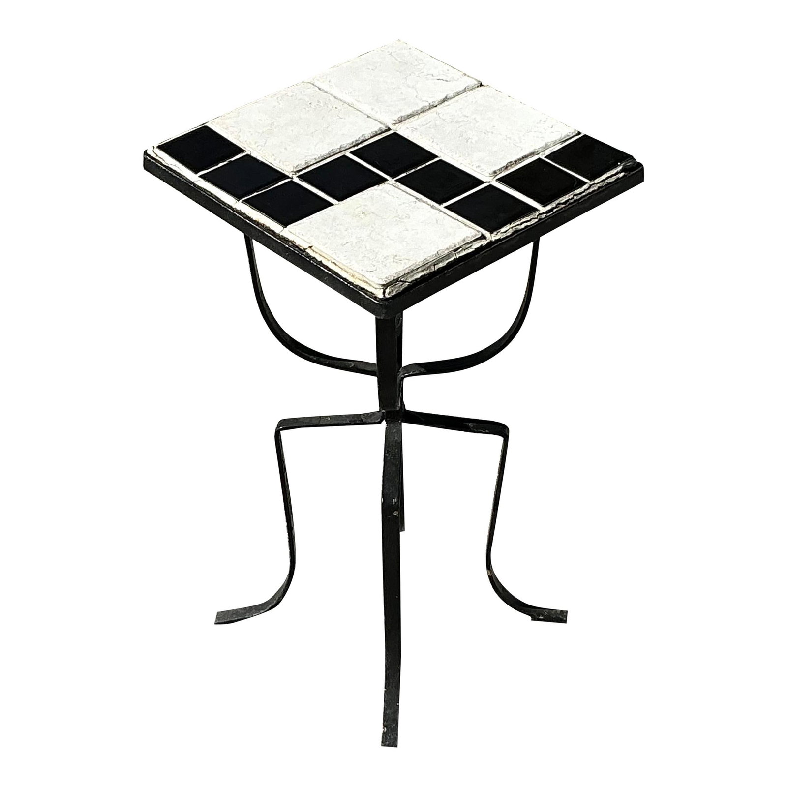 Vintage Boho Black and White Tile Top Drinks Table with Wrought Iron Base: Vintage Boho Black and White Tile Top Drinks Table with Wrought Iron Base Introducing a vintage boho drinks table that effortlessly combines artistic charm with functionality. The striking black and w