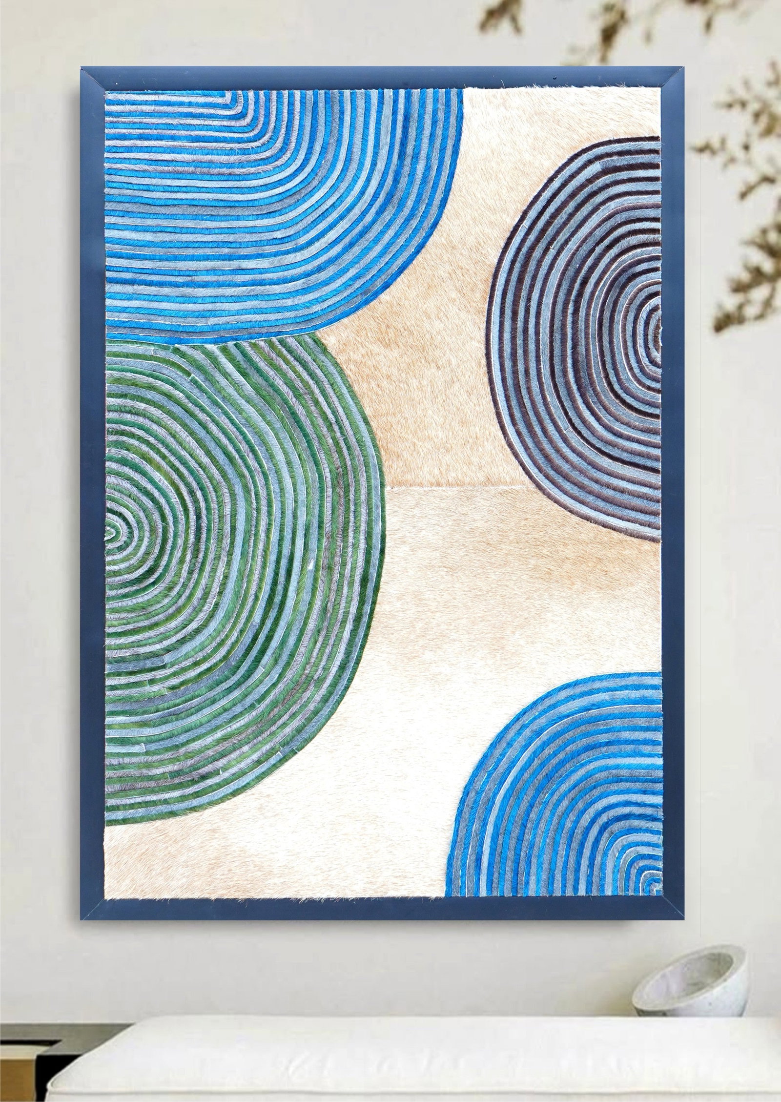 Handcrafted Modern Blue Green Cowhide Mosaic Geometric Wall Art: Handcrafted Modern Blue Green Cowhide Mosaic Geometric Wall Art Free continental US Shipping This modern wall art features a handcrafted geometric mosaic composed of precision-cut genuine cowhide piec