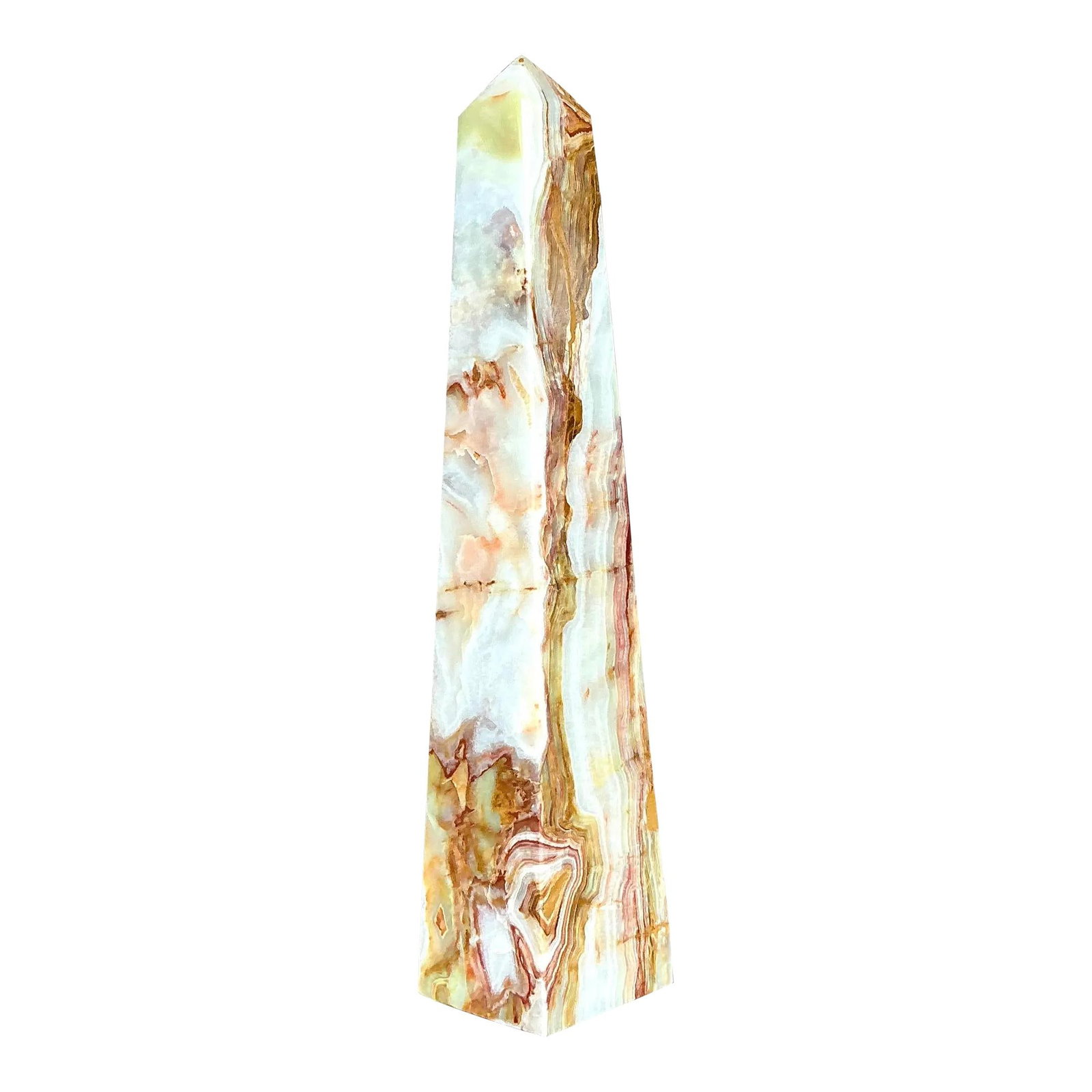 Vintage Onyx Obelisk Sculpture 4.75 x 24 Stunning Boho Decor: Vintage Onyx Obelisk Sculpture 4.75 x 24 Stunning Boho Decor This vintage onyx obelisk is a breathtaking statement piece that showcases natural swirls of cream, caramel, and amber tones. The finely po