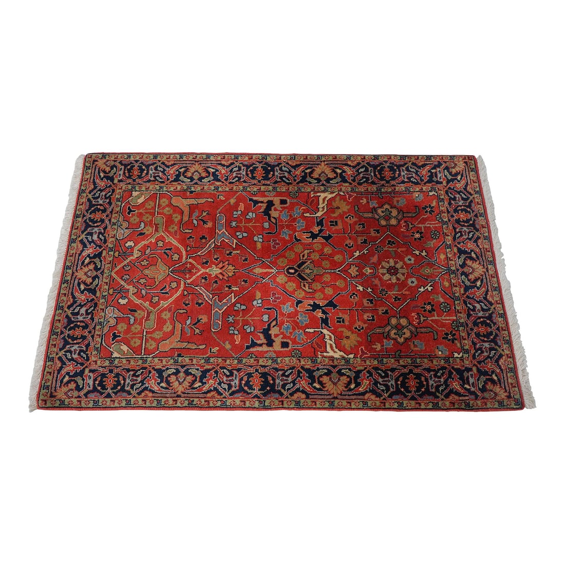 1980s Hand Woven Red Oriental Wool Throw Rug 3x5: 1980s Hand Woven Red Oriental Wool Throw Rug 3x5 This exquisite Oriental throw rug, crafted approximately 30 years ago, showcases high-quality hand-woven construction. Made from 100% wool, it features