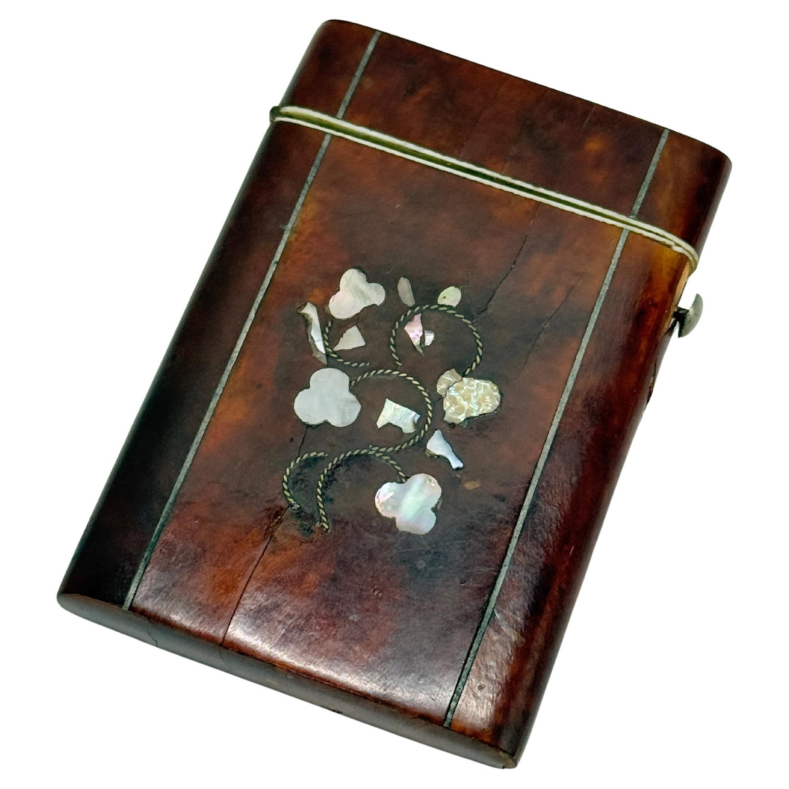 Regency Style Faux Tortoiseshell Card Case with Mother-of-Pearl Floral Inlay: Regency Style Faux Tortoiseshell Card Case with Mother-of-Pearl Floral Inlay This late 19th-century Regency-style card case from England showcases a refined floral motif with inlaid iridescent mother-