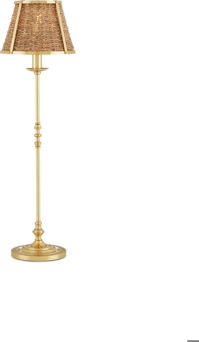 Currey Deauville Table Lamp Brass Seagrass 31.75H New: Currey Deauville Table Lamp Brass Seagrass 31.75H New Illuminate your space with the elegant Deauville Lamp, a stunning blend of brass and seagrass. This ivory table lamp stands at a height of 31.75 i