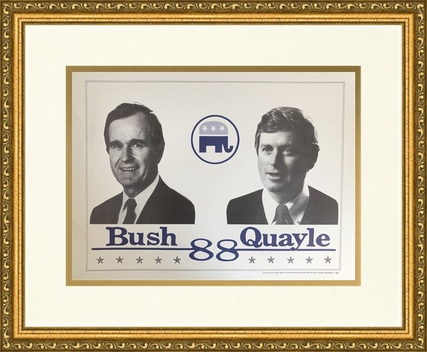 George H.W. Bush 1988 Campaign Poster Framed Gold Ornate Reproduction: George H.W. Bush 1988 Campaign Poster Framed Gold Ornate Reproduction Celebrate the historic 1988 campaign of President George H.W. Bush and Vice President Dan Quayle with this framed reproduction pos