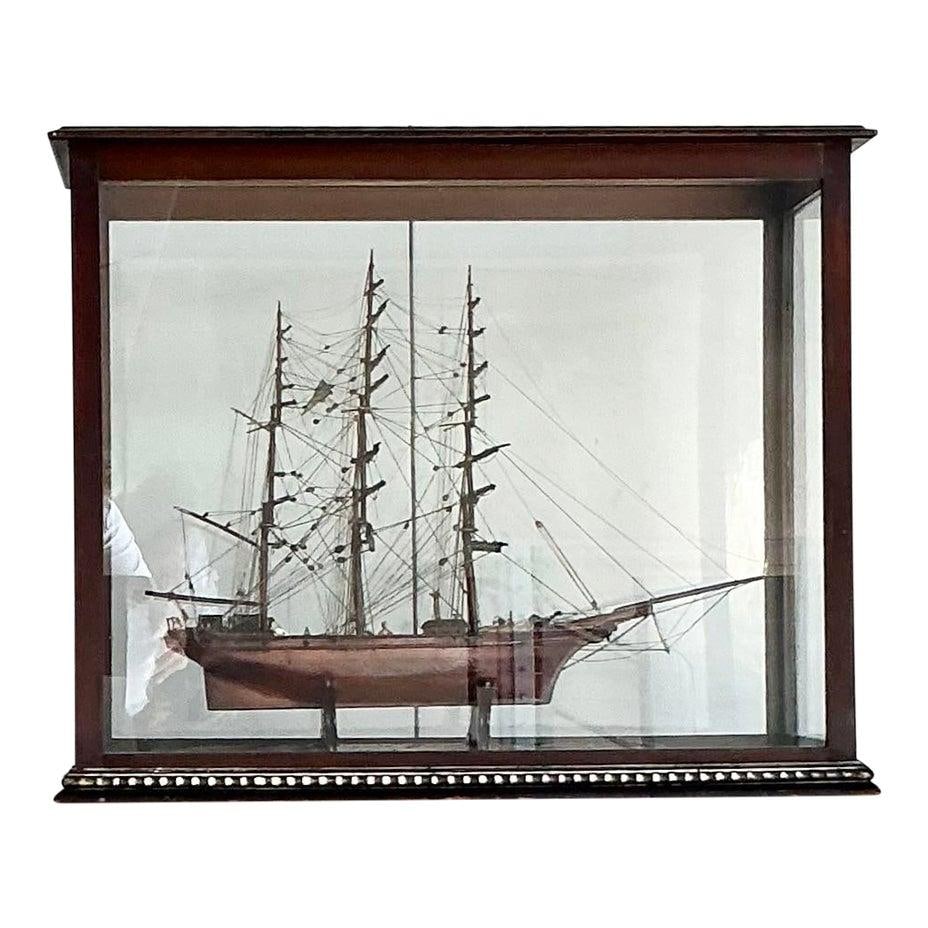 Handcrafted Vintage Ship Model Displayed in Mahogany and Glass Showcase (1 of 10)