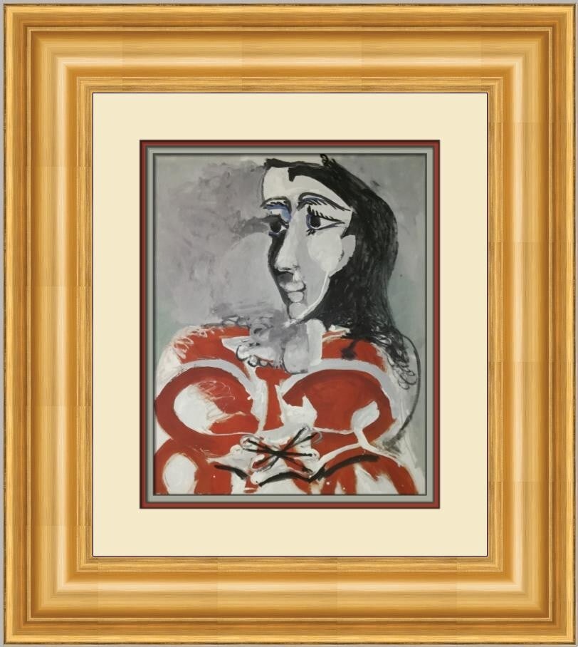 Pablo Picasso Bust of a Woman Jacqueline Custom Framed Lithograph 1985: Pablo Picasso Bust of a Woman Jacqueline Custom Framed Lithograph 1985 This exquisite custom framed print features Pablo Picasso's iconic work, 'Bust of a Woman Jacqueline.' Created in 1985, this medi