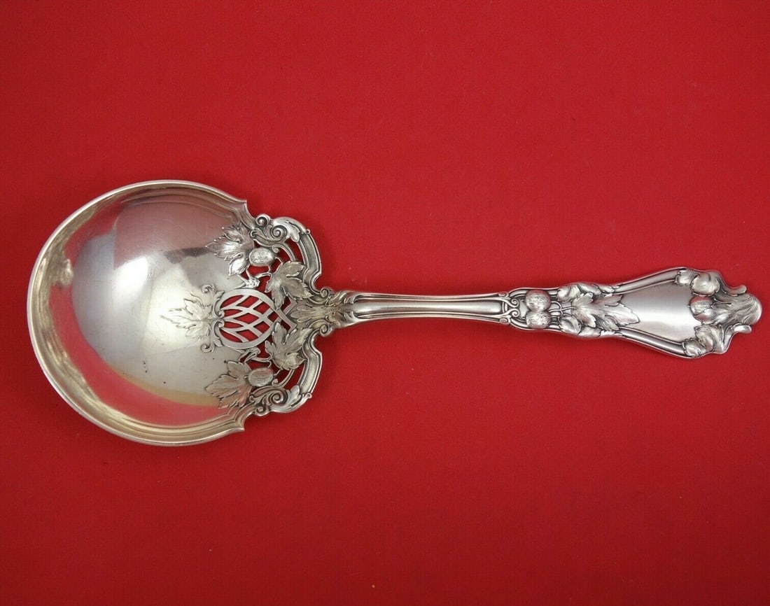 Gorham H 383 Sterling Silver Master Nut Spoon 9 3/8" Pierced Design: Gorham H 383 Sterling Silver Master Nut Spoon 9 3/8" Pierced Design This exquisite master nut spoon from Gorham features a stunning pierced design inspired by hazelnuts or walnuts. Crafted from high-q