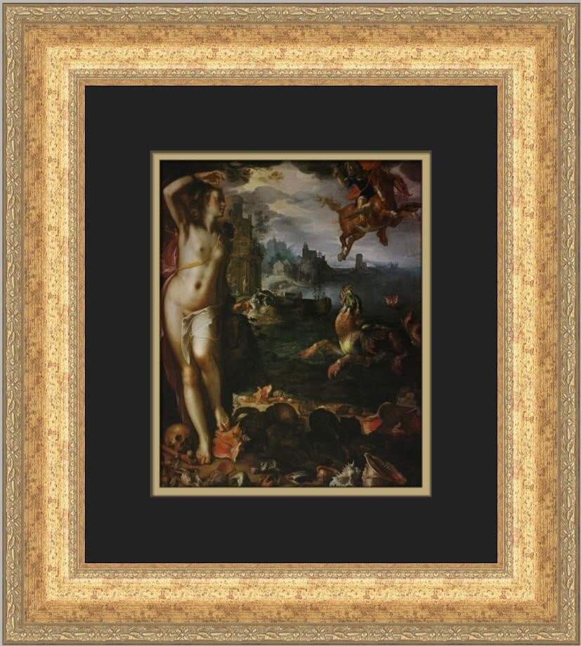 Joachim Wtewael Perseus and Andromeda Custom Framed Art Print: Joachim Wtewael Perseus and Andromeda Custom Framed Art Print This exquisite print titled "Perseus and Andromeda" by artist Joachim Wtewael captures the essence of realism through its portrayal of nud