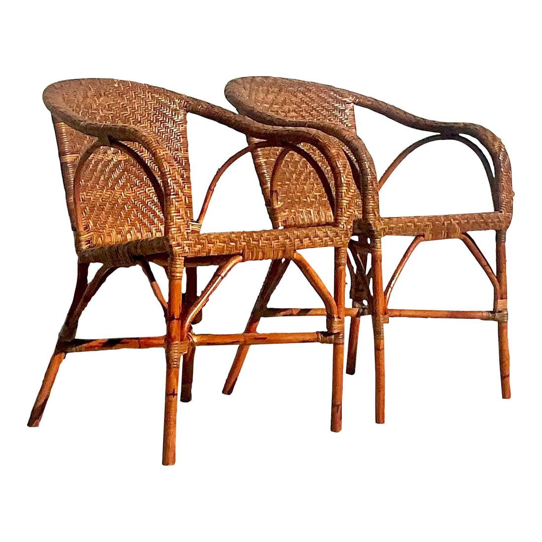 Vintage Palecek Woven Rattan Lounge Chairs - Coastal Charm Pair: Vintage Palecek Woven Rattan Lounge Chairs - Coastal Charm Pair Transform your living area with this exquisite pair of vintage Palecek woven rattan lounge chairs. These chairs are designed to infuse y