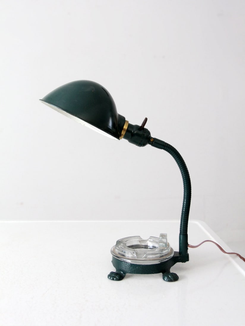 Art Deco Vintage Gooseneck Desk Lamp with Glass Ashtray: Art Deco Vintage Gooseneck Desk Lamp with Glass Ashtray Illuminate your workspace with this striking vintage gooseneck desk lamp from the 1930s. Featuring a bold art deco design, this lamp is crafted