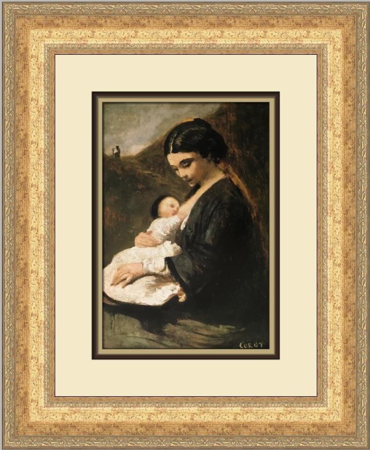 Camille Corot Portrait of a Mother and Child Custom Framed Print 19x16: Camille Corot Portrait of a Mother and Child Custom Framed Print 19x16 This exquisite custom-framed print titled 'Portrait of a Mother and Child' by artist Camille Corot beautifully captures the essen