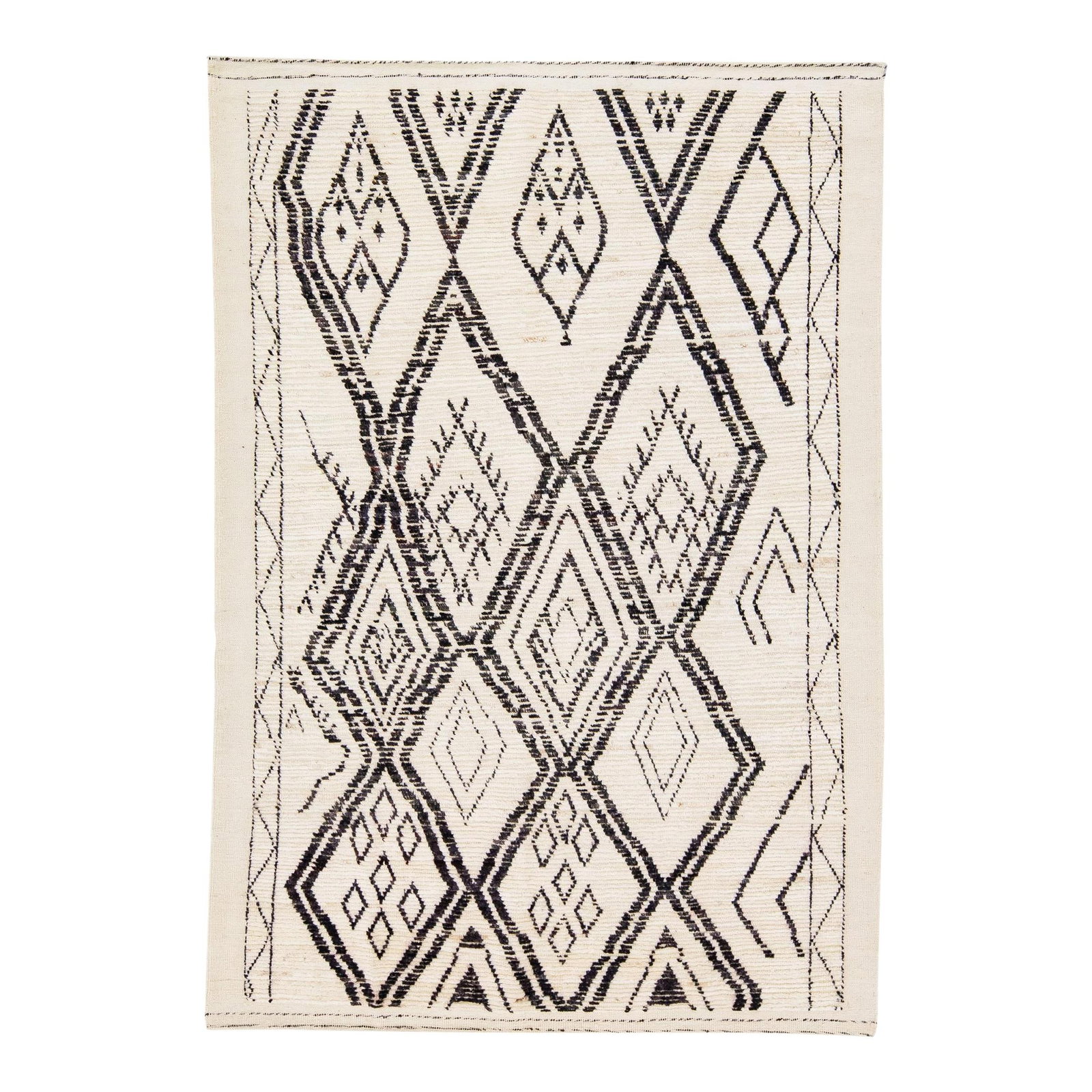 Ivory Handmade Moroccan Wool Rug with Tribal Design 4'11 x 7'2: Ivory Handmade Moroccan Wool Rug with Tribal Design 4'11 x 7'2 Enhance your space with this beautifully crafted Moroccan-style handmade wool rug. Featuring a sophisticated ivory field, this modern rug