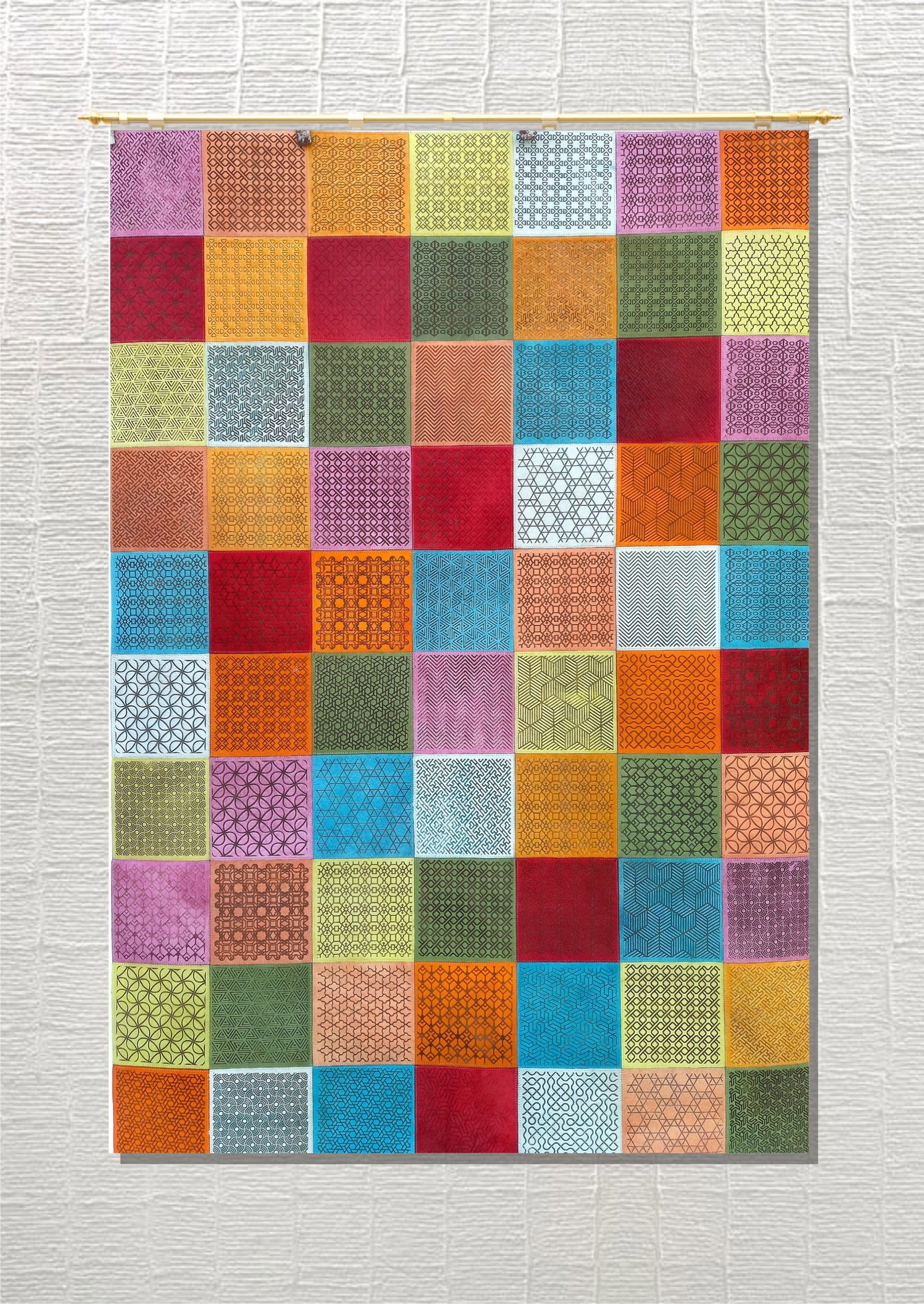 Handmade Kaleidoscope Geometric Block Cowhide Leather Patchwork Area Rug 3FT x 5FT (1 of 1)