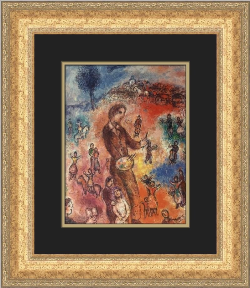 Marc Chagall The Painter at the Feast Custom Framed Art Print 1988: Marc Chagall The Painter at the Feast Custom Framed Art Print 1988 This stunning custom framed print titled "The Painter at the Feast" by renowned artist Marc Chagall is a beautiful representation of