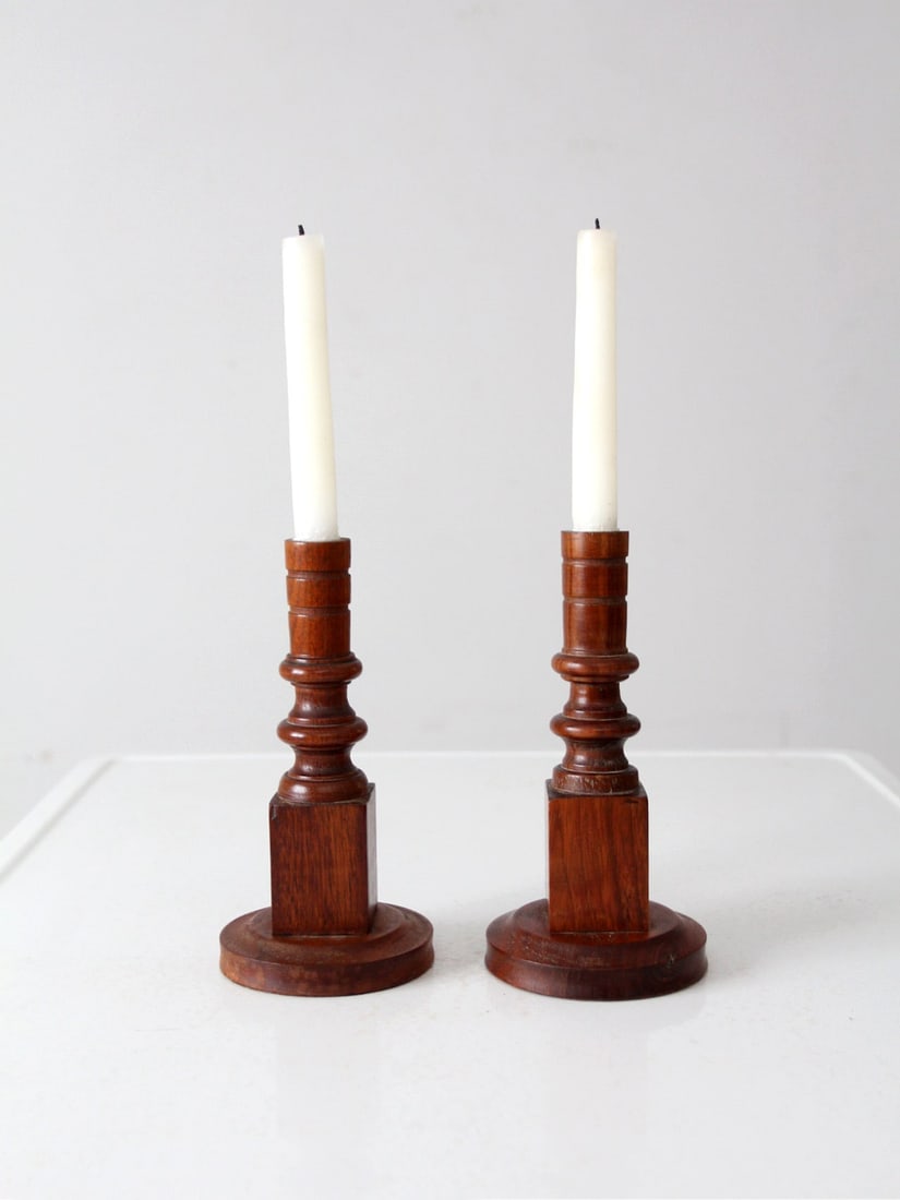 Handcrafted Vintage Wooden Candlestick Holders Rustic Pair (1 of 13)