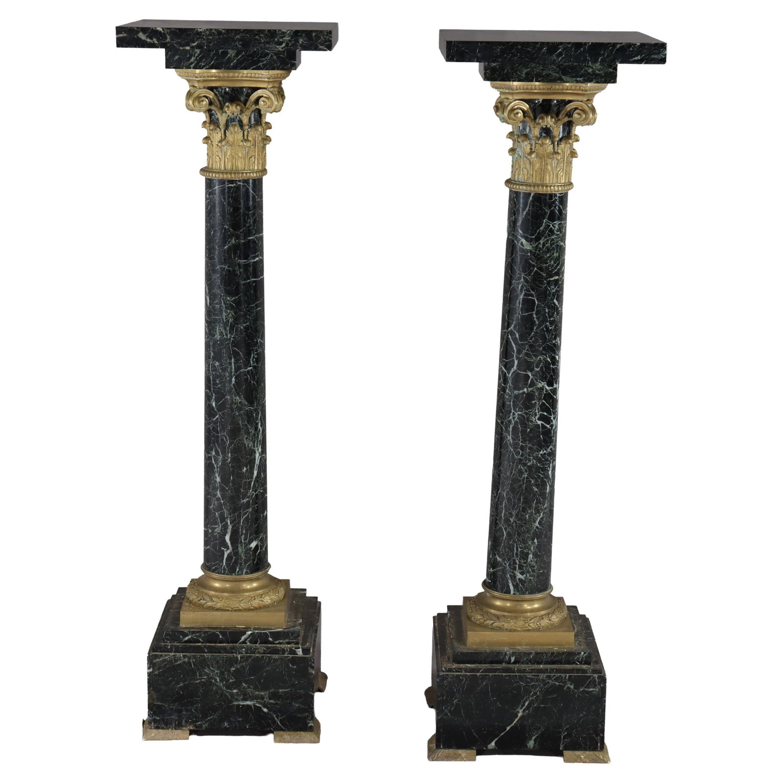 Set of 2 French Classical Black Marble Pedestals with Ormolu: Set of 2 French Classical Black Marble Pedestals with Ormolu This elegant pair of French classical pedestals is expertly crafted from striking black marble and accented with exquisite ormolu mounts. D