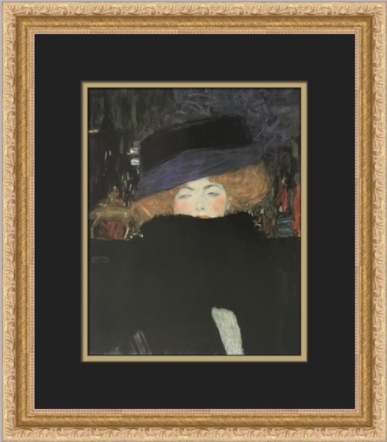 Gustav Klimt Woman with Hat Custom Framed Art Print 16 x 14: Gustav Klimt Woman with Hat Custom Framed Art Print 16 x 14 Experience the elegance of Gustav Klimt's "Woman with Hat and Feather Boa" in this beautifully custom framed print. This medium-sized reprod