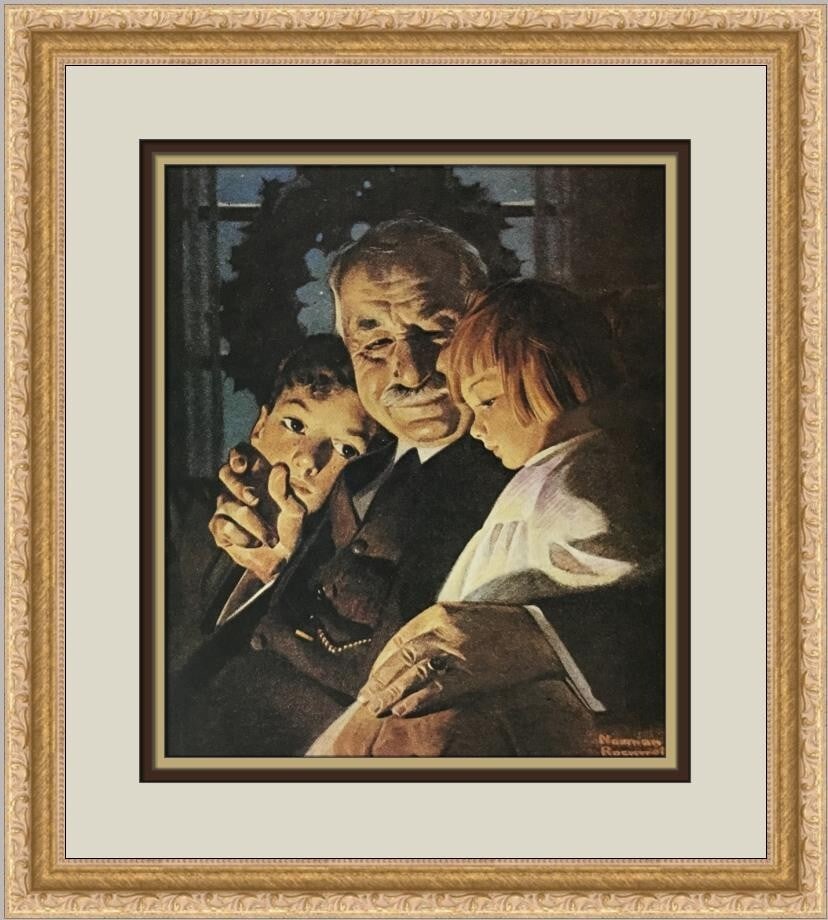 Norman Rockwell Grandpa And Children Custom Framed Art Print 1979: Norman Rockwell Grandpa And Children Custom Framed Art Print 1979 This stunning custom framed print by renowned artist Norman Rockwell captures the timeless theme of family with the artwork titled "Gr