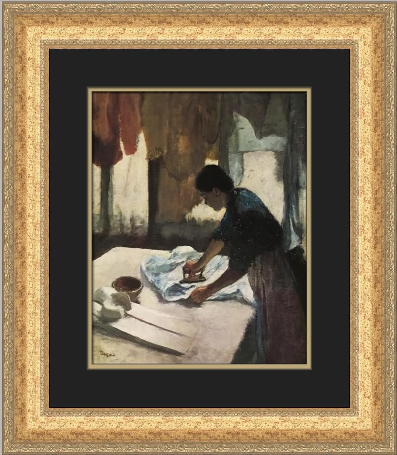 Edgar Degas Woman Ironing Custom Framed Art Print 1977: Edgar Degas Woman Ironing Custom Framed Art Print 1977 This custom framed print features Edgar Degas's renowned artwork titled "Woman Ironing." It showcases a portrait orientation and is framed in a l