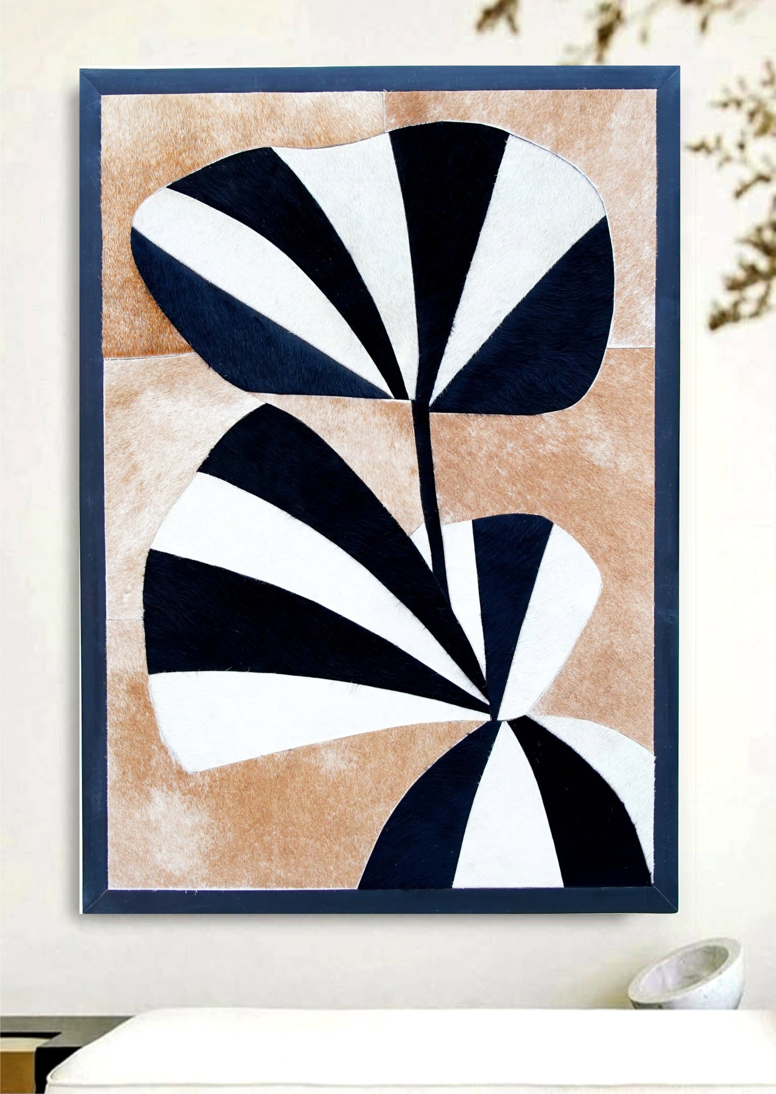 Handcrafted Cowhide Leather Mosaic Wall Art Abstract Striped Leaf Design 12x12: Handcrafted Cowhide Leather Mosaic Wall Art Abstract Striped Leaf Design 12x12 Free continental US Shipping This mosaic wall art is meticulously handcrafted from precision-cut cowhide leather strips,