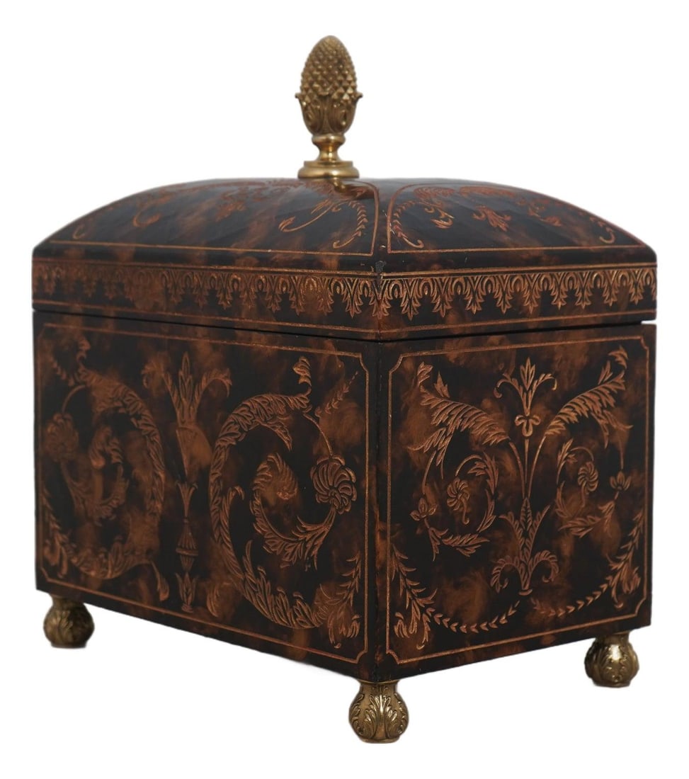 Etched Carved Wood Lidded Box with Brass Accents and Crackle Finish (1 of 10)