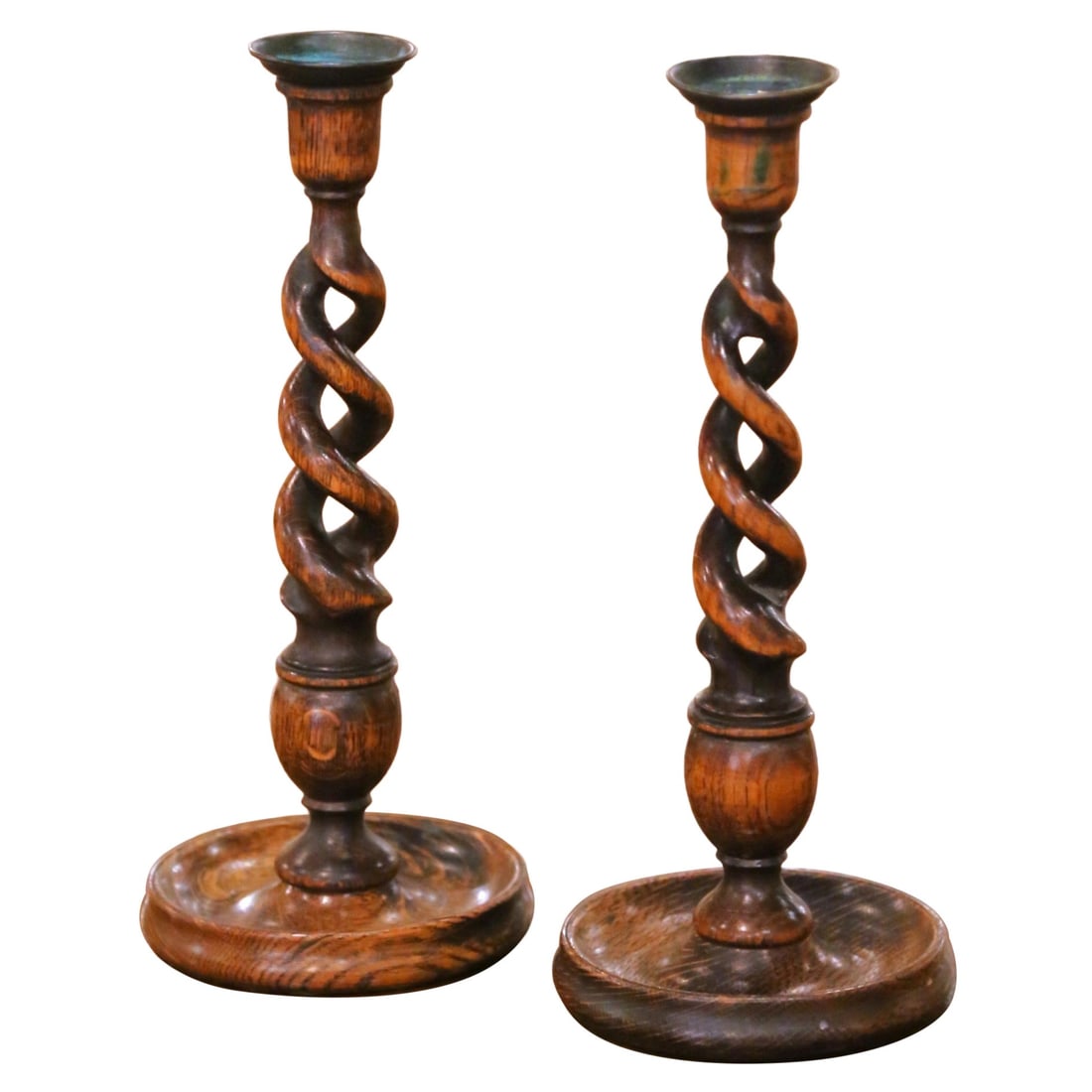 Set of Two English Oak Barley Twist Candlesticks with Brass Cups Circa 1920 (1 of 8)