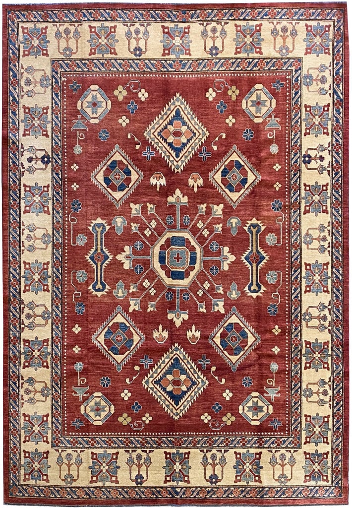 Super Kazak Hand-Knotted Afghan Rug 9.9 x 13.9 ft Silky Wool Tribal Design: Super Kazak Hand-Knotted Afghan Rug 9.9 x 13.9 ft Silky Wool Tribal Design Free continental US Shipping Enhance your living space with the SUPER KAZAK Fine Silky Wool Handmade Afghan Rug, measuring 9.