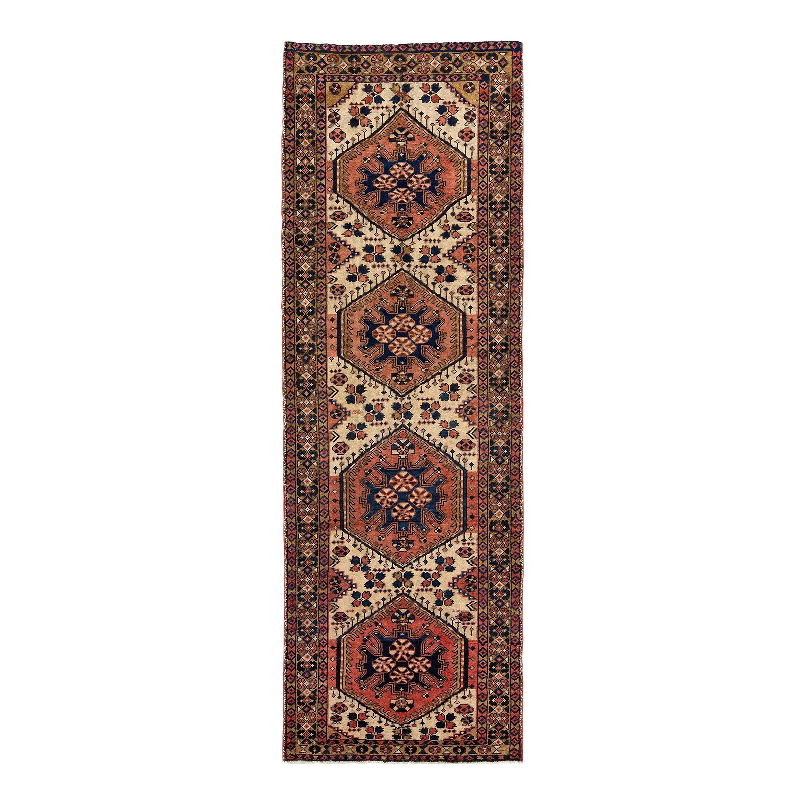 1960s Handmade Persian Heriz Wool Runner Rust Medallion 3'4 x 10': 1960s Handmade Persian Heriz Wool Runner Rust Medallion 3'4 x 10' This exquisite vintage Persian Heriz runner features a stunning hand-knotted wool construction with a rich rust color field. The desig