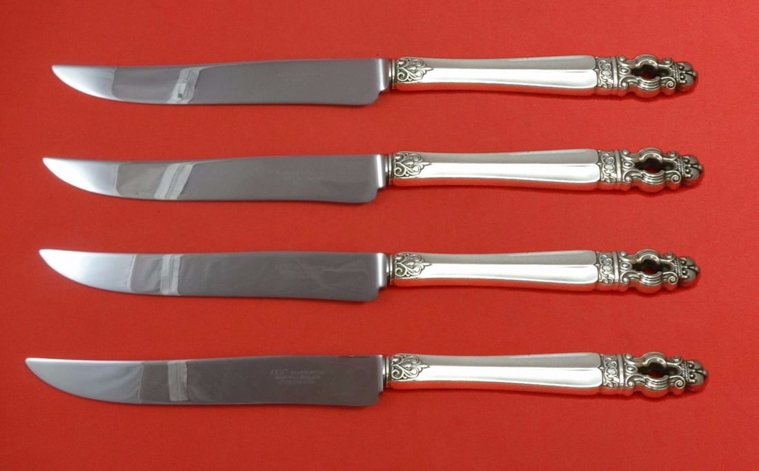 Gorham Sovereign Hispana Sterling Silver Steak Knife Set 4pc Texas Size: Gorham Sovereign Hispana Sterling Silver Steak Knife Set 4pc Texas Size Elevate your dining experience with this impressive 4-piece steak knife set from the Sovereign Hispana collection by Gorham. Cra