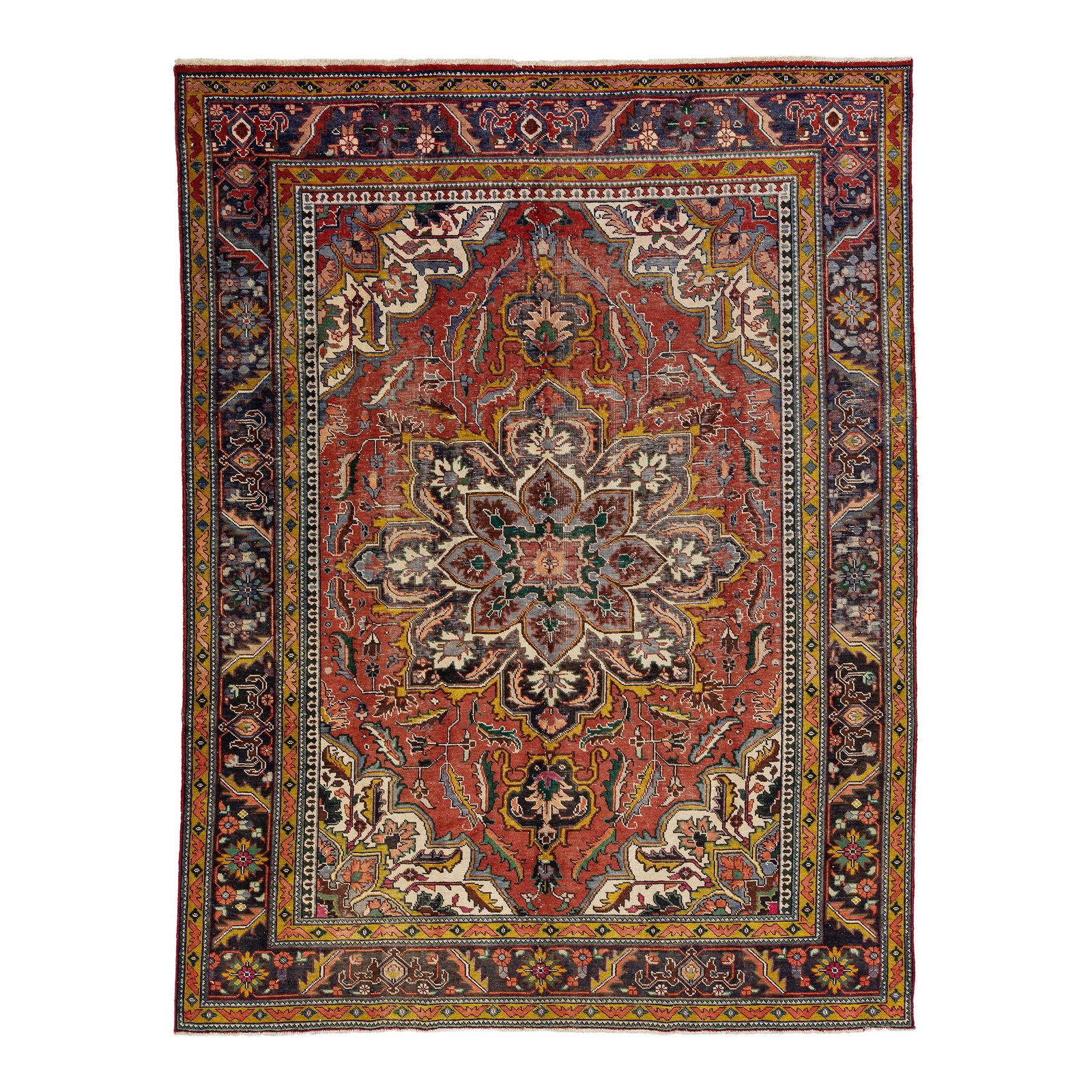 1960s Handmade Persian Heriz Wool Rug Navy Blue All-Over Medallion 9'5 x 12'4: 1960s Handmade Persian Heriz Wool Rug Navy Blue All-Over Medallion 9'5 x 12'4 Discover the charm of this stunning vintage Persian Heriz rug, hand-knotted from high-quality wool. Featuring a rich navy